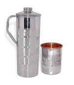 Steel Copper Jug Picher 900 ML with 1 Steel Copper Glass Tumbler 250 ML