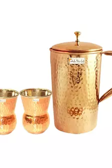 Pure Copper Jug Pitcher 1600 ML with 2 Steel Copper Glass Tumbler 270 ML  Hammered Design  3 Pieces
