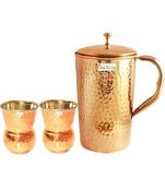 Pure Copper Jug Pitcher 1600 ML with 2 Steel Copper Glass Tumbler 270 ML  Hammered Design  3 Pieces