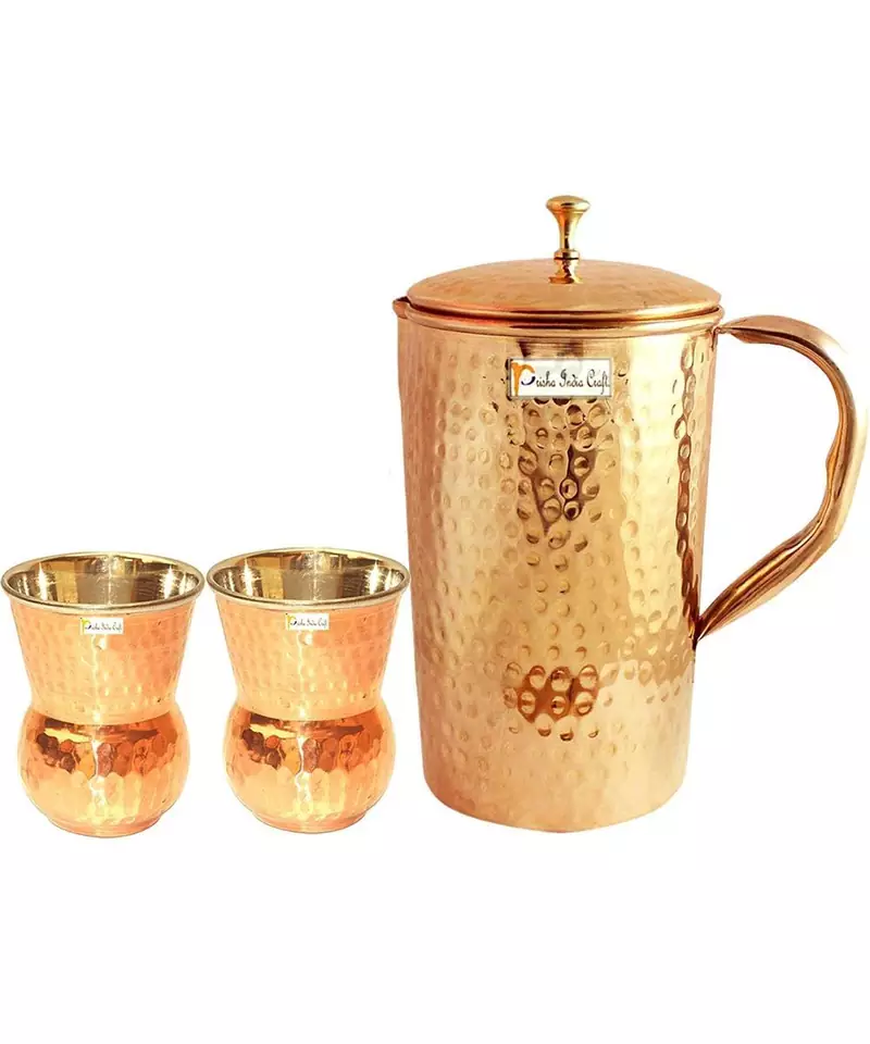 Pure Copper Jug Pitcher 1600 ML with 2 Steel Copper Glass Tumbler 270 ML  Hammered Design  3 Pieces