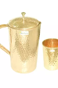 Pure Copper Jug Pitcher 1650 ML with 1 Copper Glass Tumbler 250 ML  Hammered Design  Set of 2 Pieces