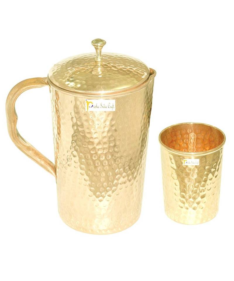 Pure Copper Jug Pitcher 1650 ML with 1 Copper Glass Tumbler 250 ML  Hammered Design  Set of 2 Pieces