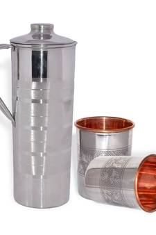 Steel Copper Jug Pitcher 900 ML with 2 Steel Copper Glass Tumbler 250 ML