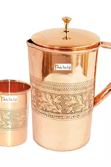 Pure Copper Jug Pitcher 1600 ML with 1 Copper Glass Tumbler 300 ML  Embossed Dessign  Set of 2 Pieces