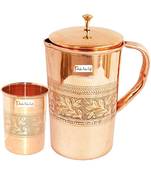 Pure Copper Jug Pitcher 1600 ML with 1 Copper Glass Tumbler 300 ML  Embossed Dessign  Set of 2 Pieces