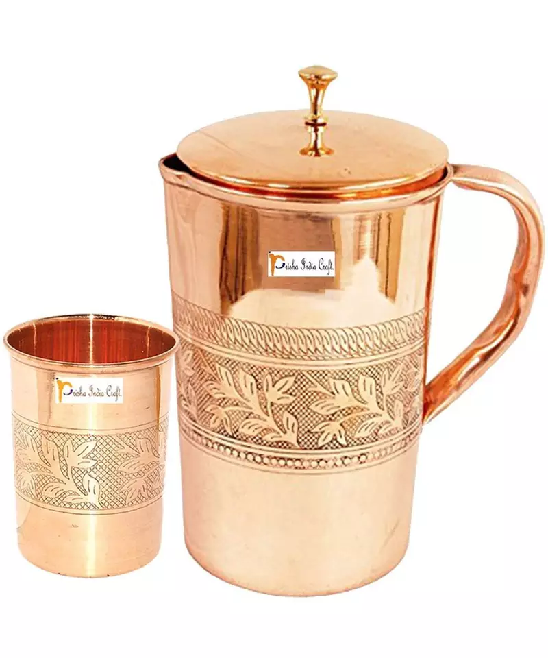 Pure Copper Jug Pitcher 1600 ML with 1 Copper Glass Tumbler 300 ML  Embossed Dessign  Set of 2 Pieces