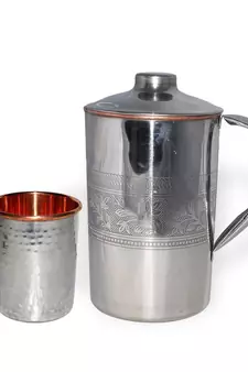 Inside Pure Copper Jug with 1 Handmade Drinking Stainless Steel Inside Copper Glass