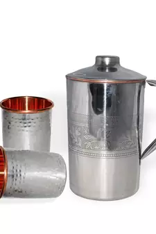 Steel Copper Jug Picher 1600 ML with 2 Steel Copper Glass Tumbler 250 ML