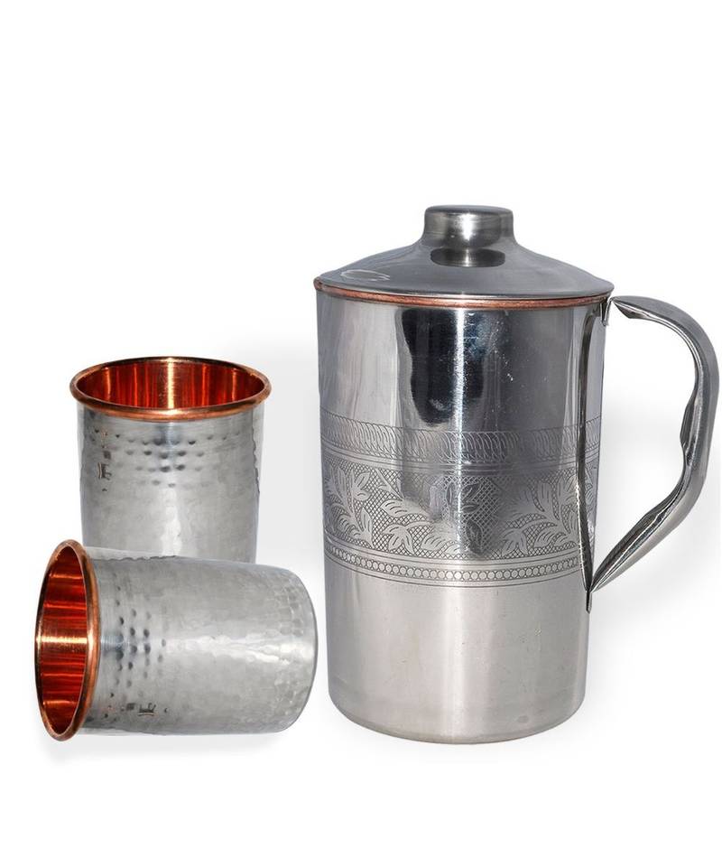 Steel Copper Jug Picher 1600 ML with 2 Steel Copper Glass Tumbler 250 ML