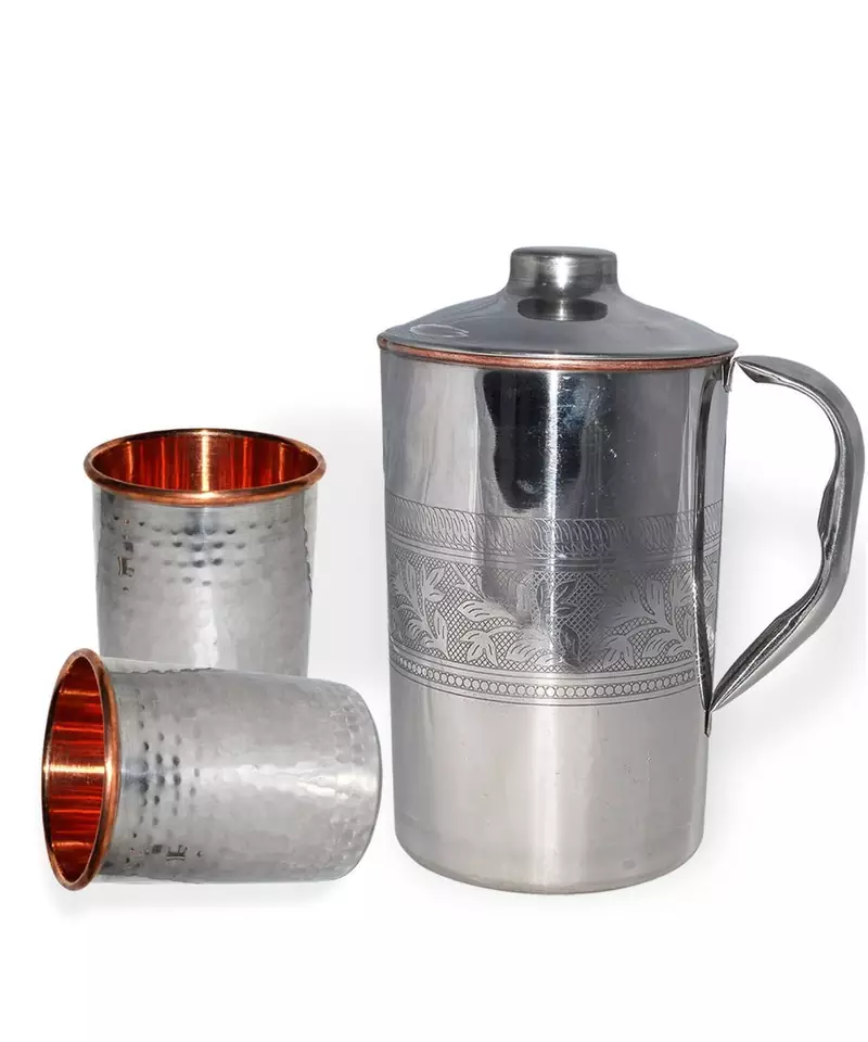 Steel Copper Jug Picher 1600 ML with 2 Steel Copper Glass Tumbler 250 ML