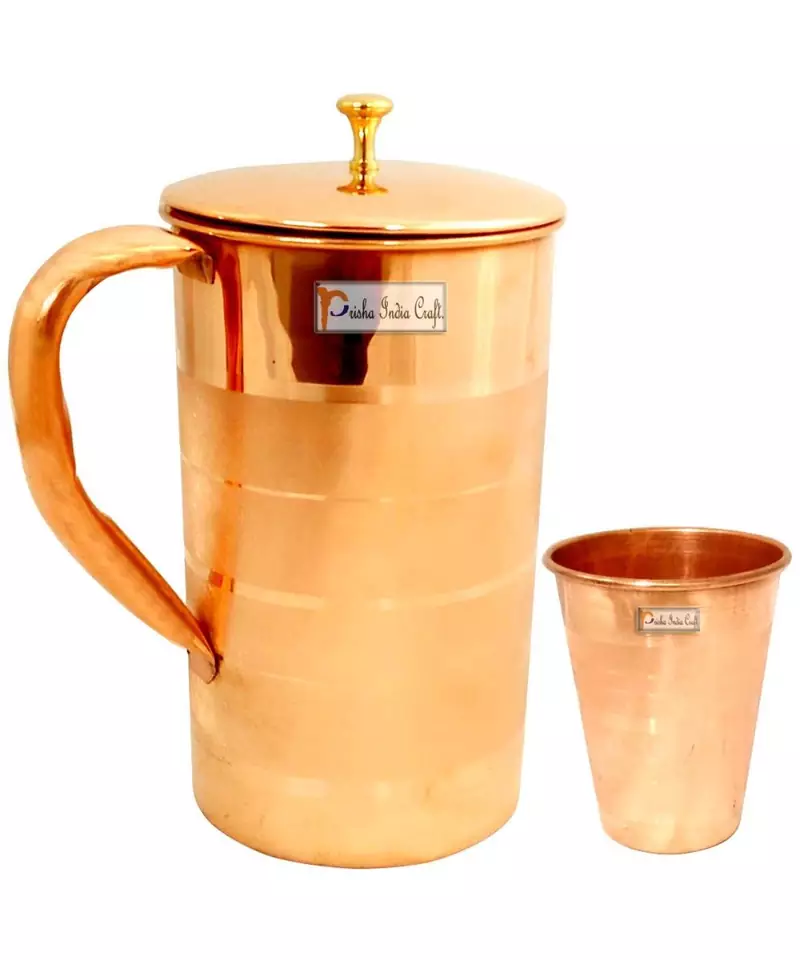 Pure Copper Jug Pitcher with Lid Luxury Design Capacity 2000 ML with 1 Pure Copper Glass Tumbler Capacity 350