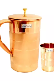 Pure Copper Jug Pitcher with Lid Luxury Design Capacity 2000 ML with 1 Pure Copper Glass Tumbler Capacity 300