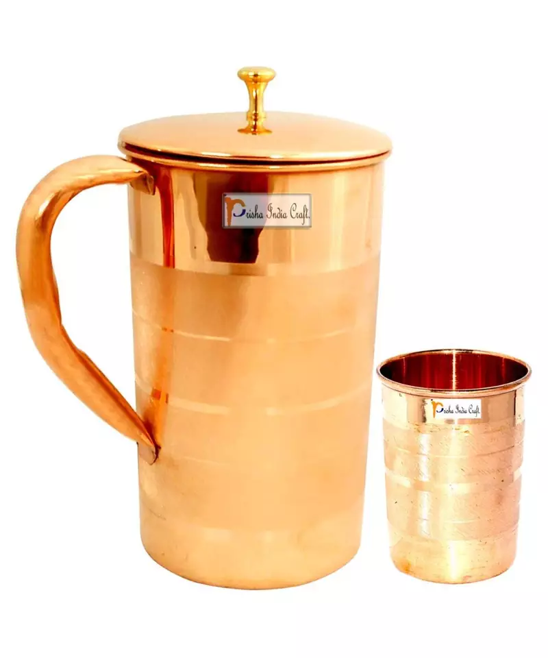 Pure Copper Jug Pitcher with Lid Luxury Design Capacity 2000 ML with 1 Pure Copper Glass Tumbler Capacity 300