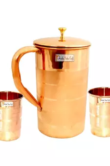 Pure Copper Jug Pitcher with Lid Luxury Design Capacity 2000 ML with 2 Pure Copper Glass Tumbler Capacity 300