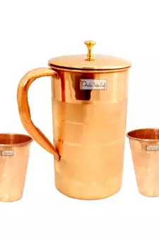 Pure Copper Jug Pitcher with Lid Luxury Design Capacity 2000 ML with 2 Pure Copper Glass Tumbler Capacity 350
