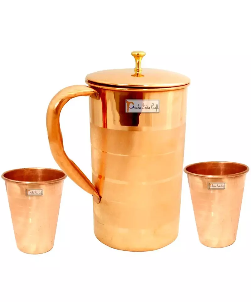 Pure Copper Jug Pitcher with Lid Luxury Design Capacity 2000 ML with 2 Pure Copper Glass Tumbler Capacity 350