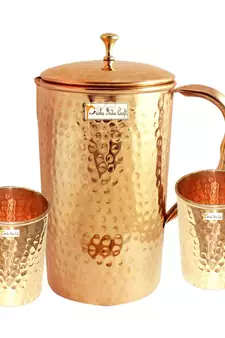 Pure Copper Hammered Jug Pitcher with Lid Capacity 1650 ML with 2 Pure Copper Hammered Glass Tumbler Capacity 250