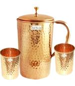 Pure Copper Hammered Jug Pitcher with Lid Capacity 1650 ML with 2 Pure Copper Hammered Glass Tumbler Capacity 250