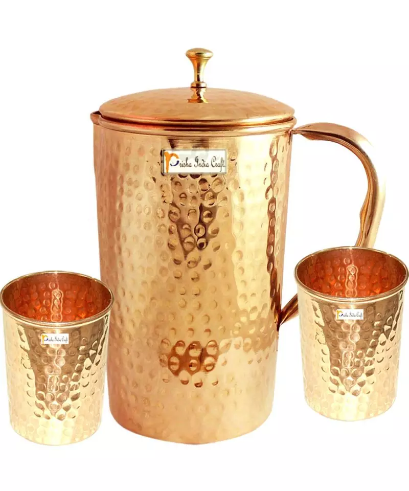 Pure Copper Hammered Jug Pitcher with Lid Capacity 1650 ML with 2 Pure Copper Hammered Glass Tumbler Capacity 250