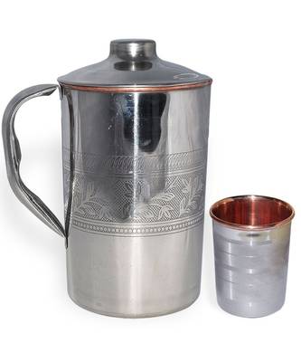 Steel Copper Jug Picher 1600 ML with 1 Steel Copper Glass Tumbler 250 ML 1