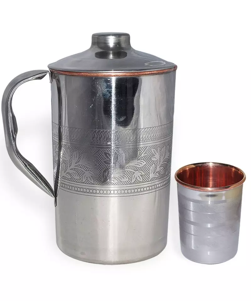 Steel Copper Jug Picher 1600 ML with 1 Steel Copper Glass Tumbler 250 ML