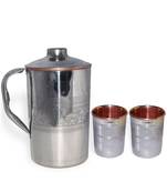 Steel Copper Jug Pitcher 1600 ML with 2 Steel Copper Glass Tumbler 250 ML