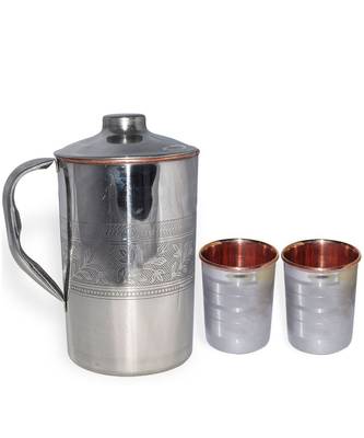 Steel Copper Jug Pitcher 1600 ML with 2 Steel Copper Glass Tumbler 250 ML 2