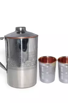Steel Copper Jug Pitcher 1600 ML with 2 Steel Copper Glass Tumbler 250 ML