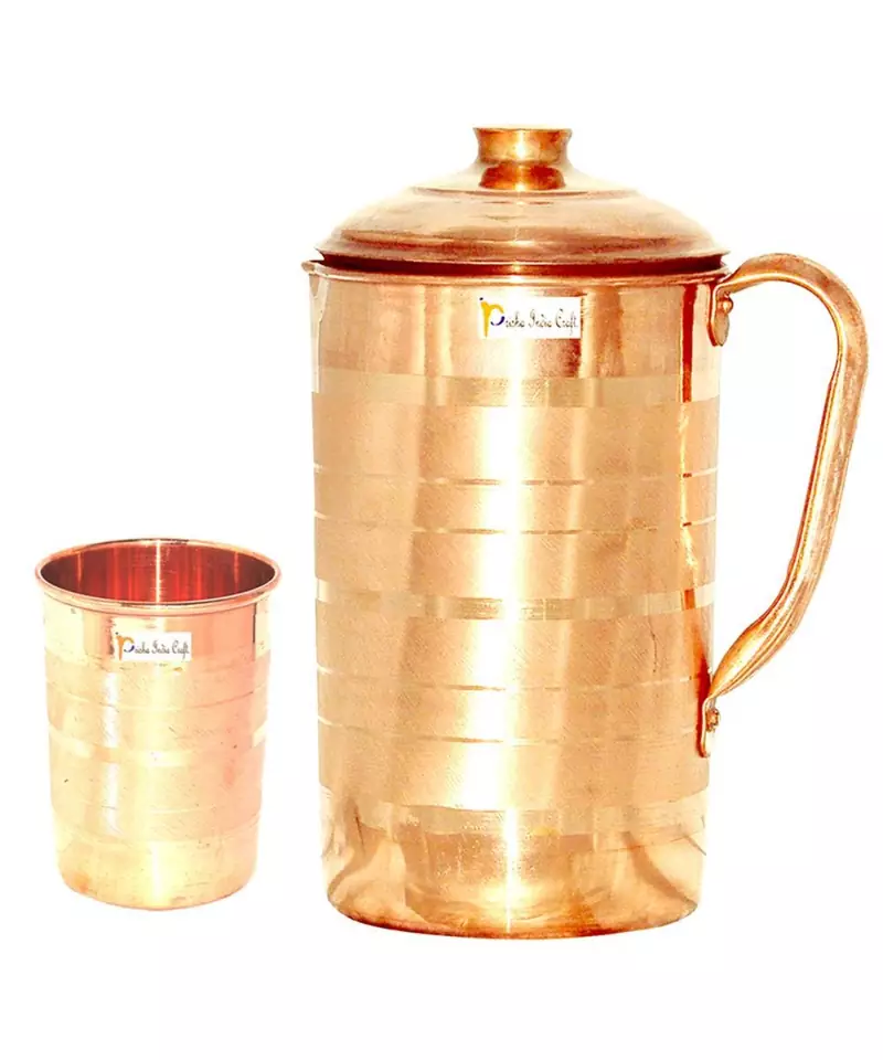 Pure Copper Jug Pitcher with Lid Luxury Design Capacity 1300 ML with 1 Pure Copper Glass Tumbler Capacity 300