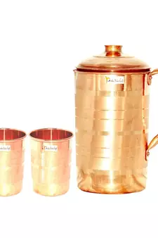Pure Copper Jug Pitcher with Lid Luxury Design Capacity 1300 ML with 2 Pure Copper Glass Tumbler Capacity 300