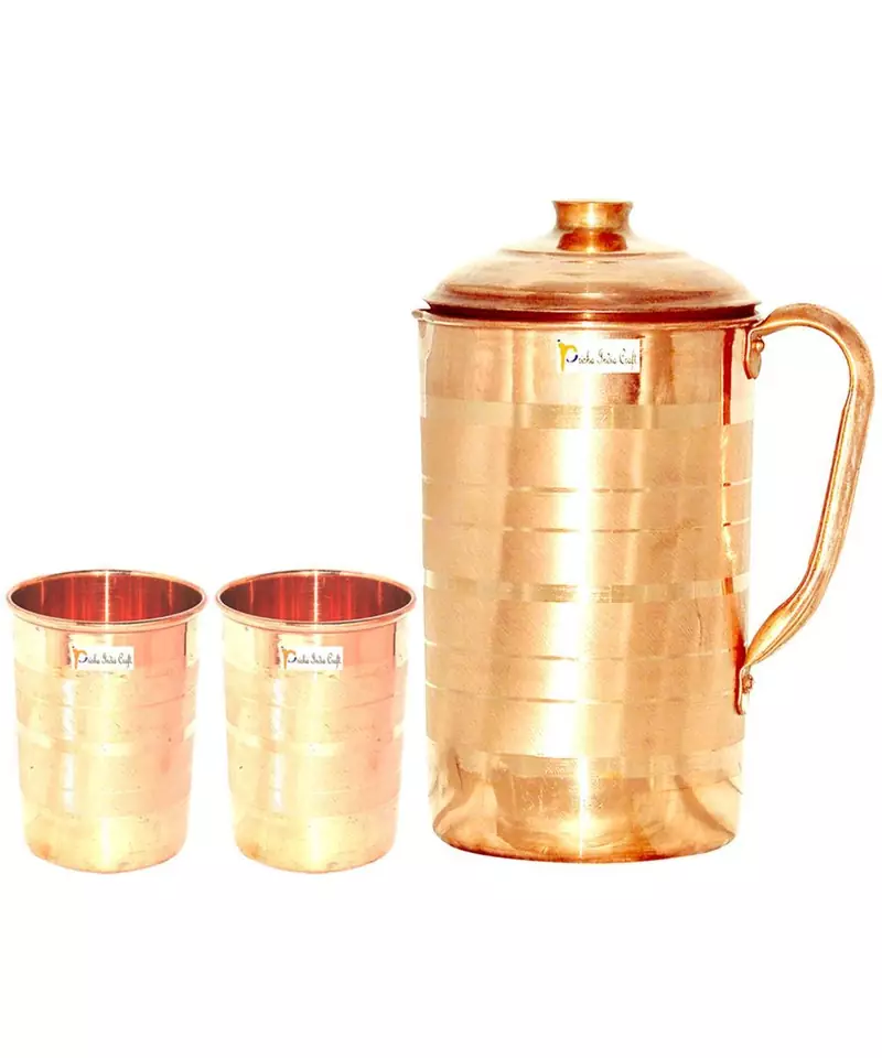 Pure Copper Jug Pitcher with Lid Luxury Design Capacity 1300 ML with 2 Pure Copper Glass Tumbler Capacity 300
