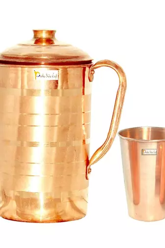 Pure Copper Jug Pitcher with Lid Luxury Design Capacity 1300 ML with 1 Pure Copper Glass Tumbler Capacity 450