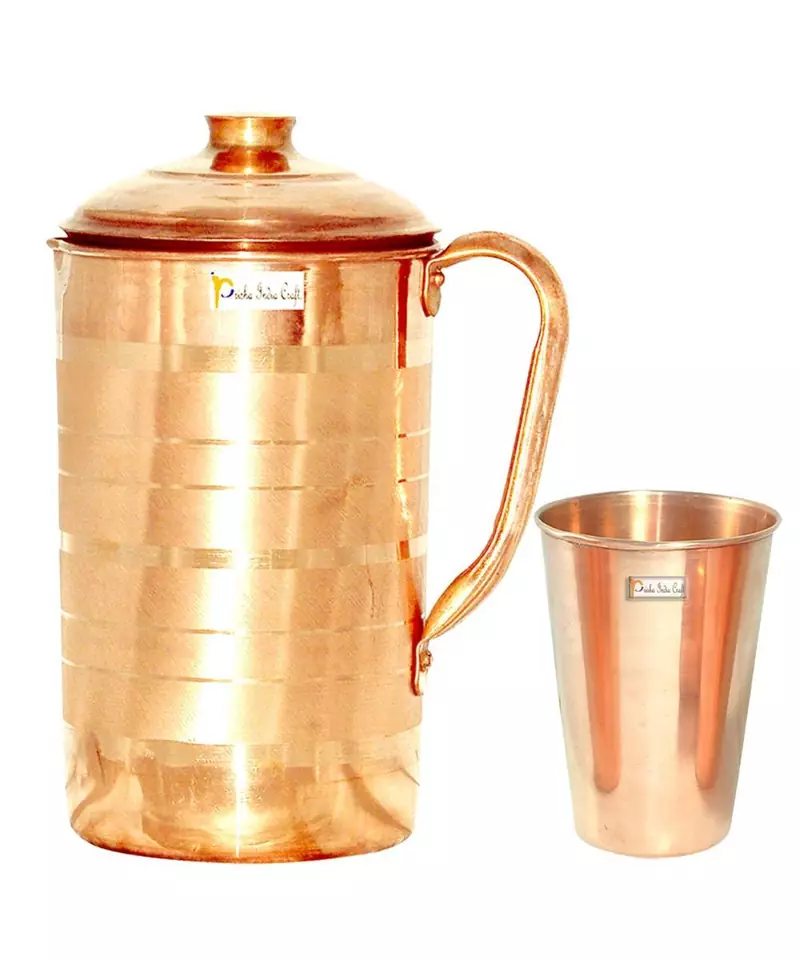 Pure Copper Jug Pitcher with Lid Luxury Design Capacity 1300 ML with 1 Pure Copper Glass Tumbler Capacity 450
