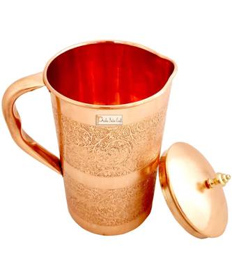 Embossed Design Pure Copper Water Jug Pitcher 1500 ML with 1 Copper Glass Tumbler 300 ML  2 Pieces (Brown) 1