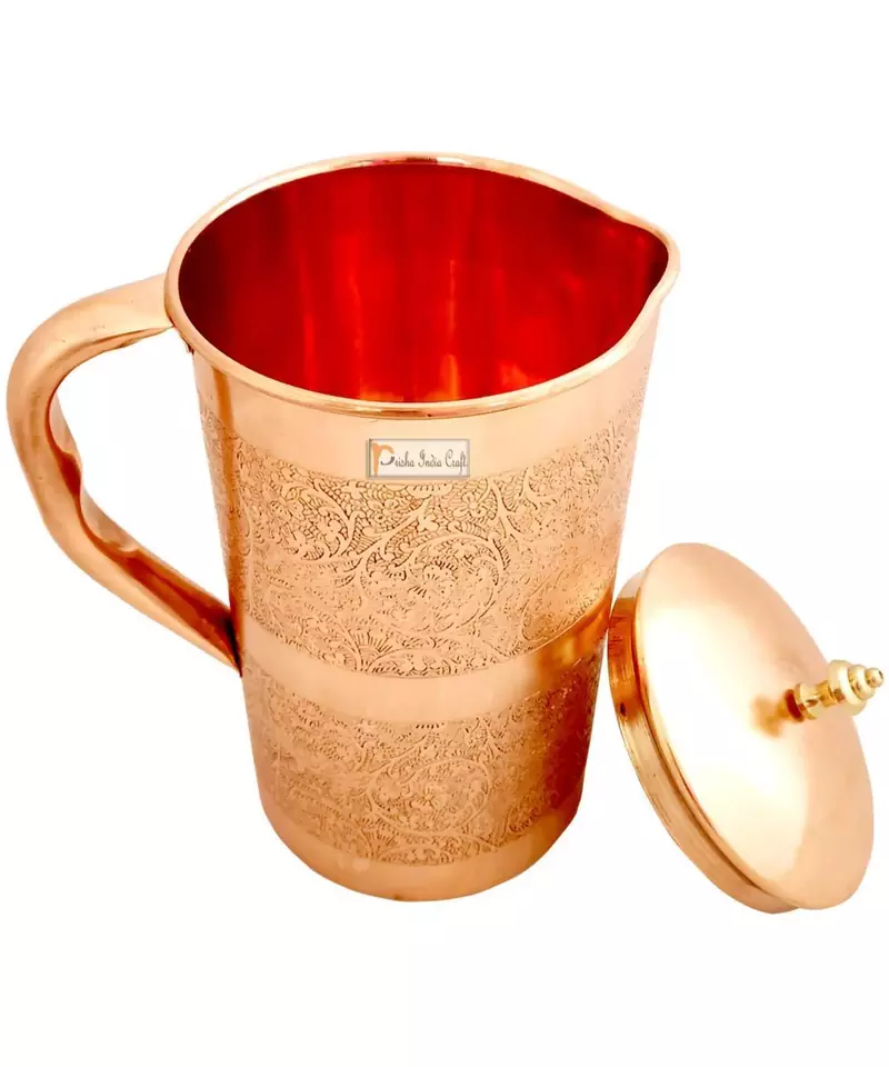 Embossed Design Pure Copper Water Jug Pitcher 1500 ML with 1 Copper Glass Tumbler 300 ML  2 Pieces (Brown)