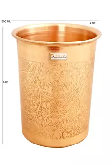 Embossed Design Pure Copper Water Jug Pitcher 1500 ML with 1 Copper Glass Tumbler 300 ML  2 Pieces (Brown)