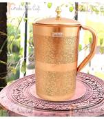 Embossed Design Pure Copper Water Jug Pitcher 1500 ML with 2 Copper Glass Tumbler 300 ML Each  3 Pieces (Brown)