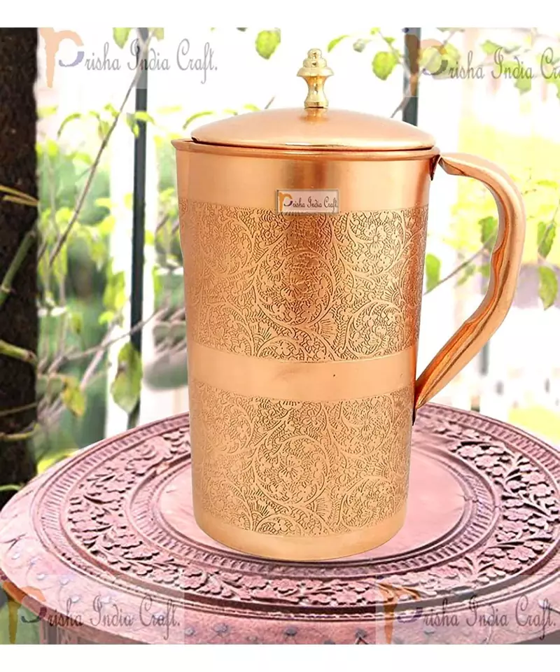 Embossed Design Pure Copper Water Jug Pitcher 1500 ML with 2 Copper Glass Tumbler 300 ML Each  3 Pieces (Brown)