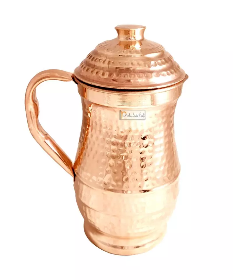 Pure Copper Maharaja Water Jug Pitcher Hammered Design  Drinkware Set  1800 ML