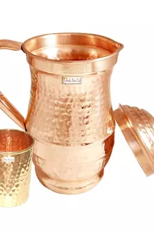 Hammered Design Pure Copper Water Jug 1800 ML with 1 Tumbler Glass 250 ML (Brown)
