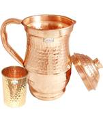 Hammered Design Pure Copper Water Jug 1800 ML with 1 Tumbler Glass 250 ML (Brown)