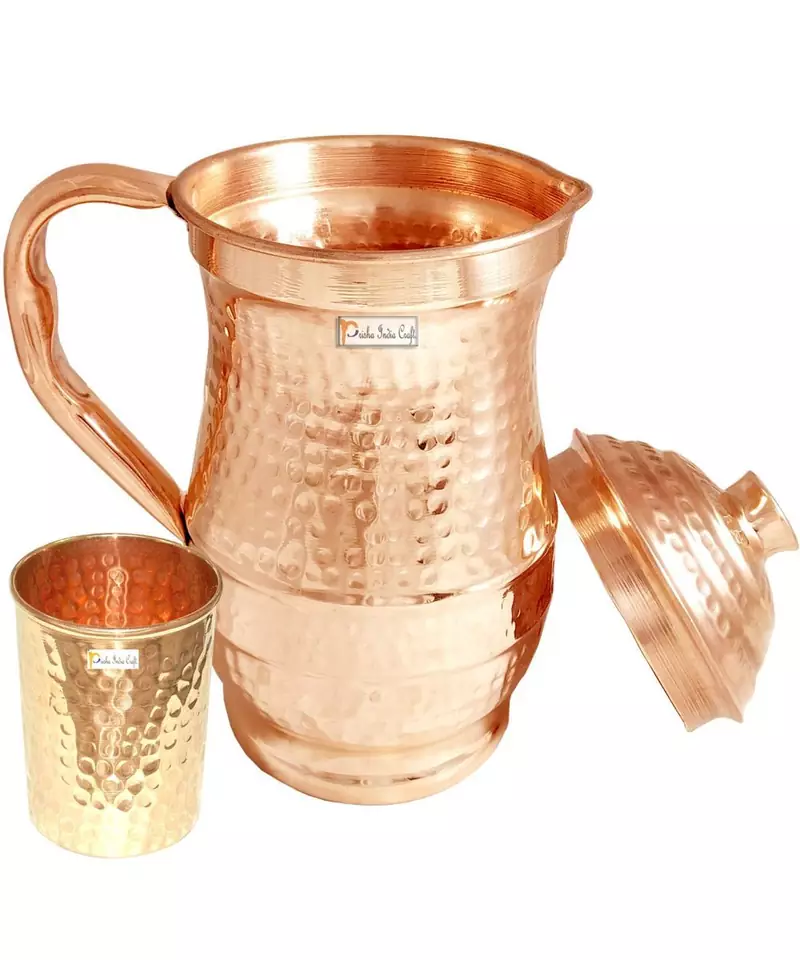 Hammered Design Pure Copper Water Jug 1800 ML with 1 Tumbler Glass 250 ML (Brown)