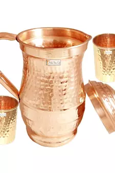 Hammered Design Pure Copper Water Jug 1800 ML with 2 Tumbler Glass 250 ML (Brown)