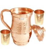 Hammered Design Pure Copper Water Jug 1800 ML with 2 Tumbler Glass 250 ML (Brown)