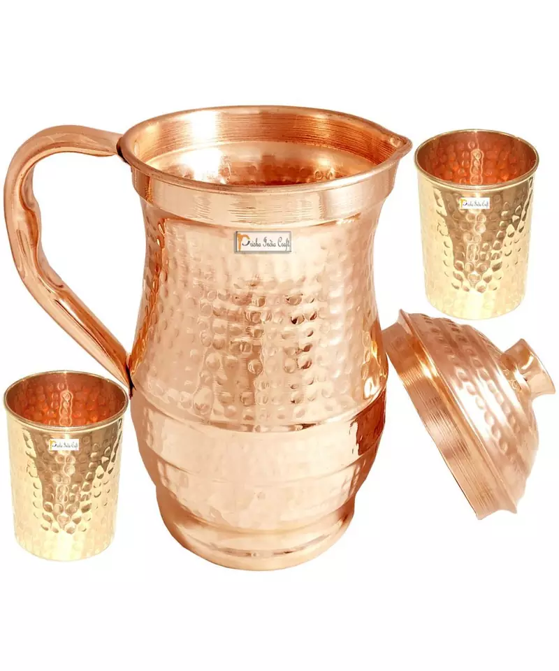 Hammered Design Pure Copper Water Jug 1800 ML with 2 Tumbler Glass 250 ML (Brown)