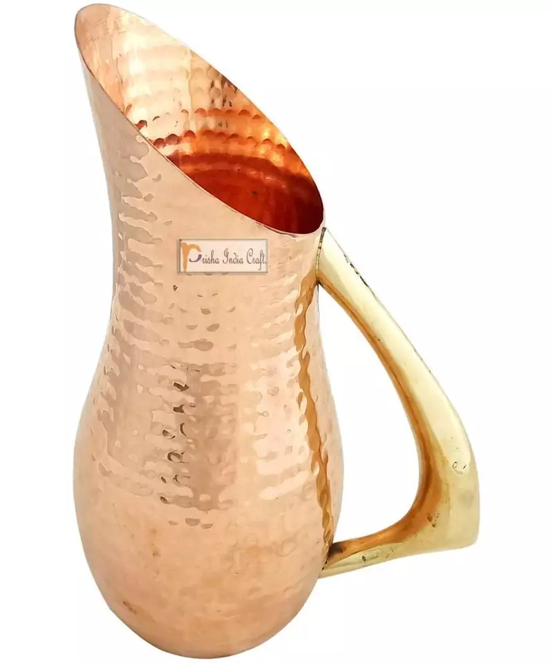 Pure Copper Jug Pitcher  Mughlai Royal Hammered Design with Brass Handle  Capacity 1200 ML (Brown)