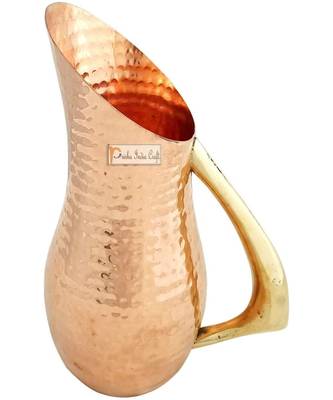 Pure Copper Jug Pitcher  Mughlai Royal Hammered Design with Brass Handle  Capacity 1200 ML (Brown) 2