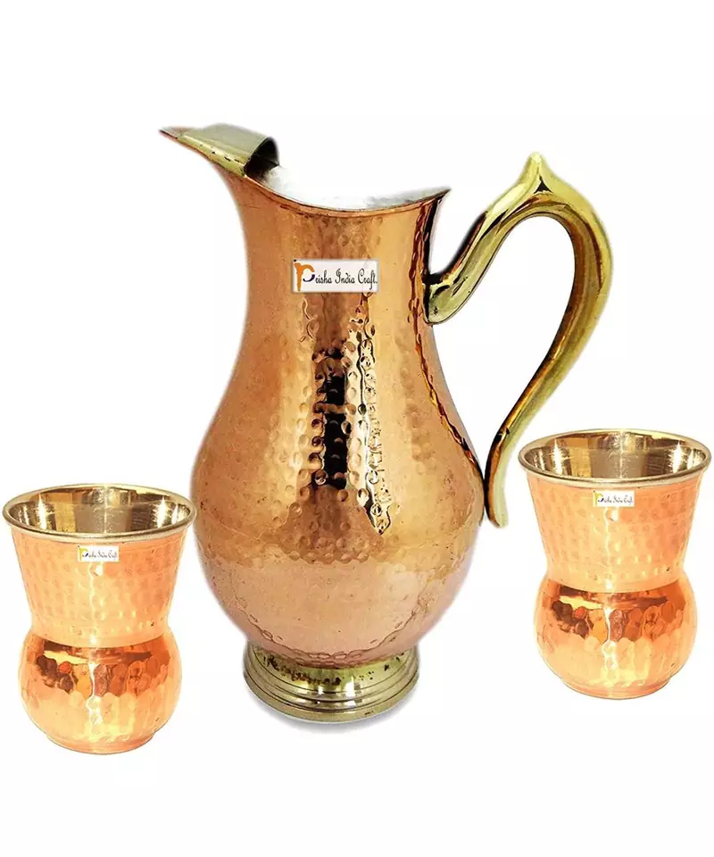 Copper Jug (Royal JUG 2000 ML / 67.63 oz) with Two Glass Drinkware Set of Jug and Glass