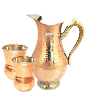 Copper Jug (Royal JUG 2000 ML / 67.63 oz) with Two Glass Drinkware Set of Jug and Glass 2