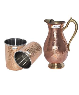 Copper Jug (Royal JUG 2000 ML / 67.63 oz) with Two Glass Drinkware Set of Jug and Glass 1